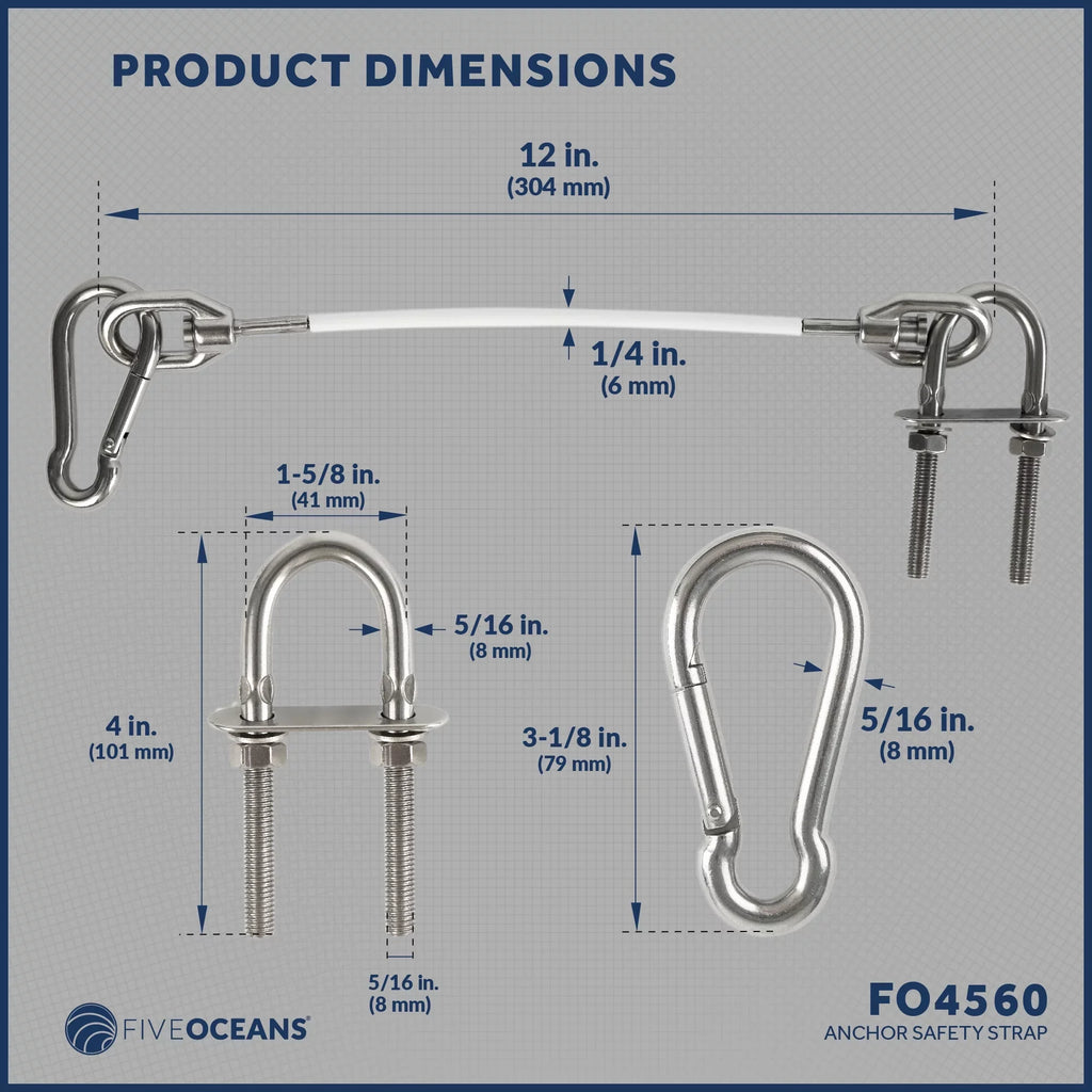 Five Oceans 12-Inch Anchor Sizeafety Sizetraps, Heavy Duty 7x19 PVC Coated Sizetainless Sizeteel 6mm Wire Rope, Includes 5/16-Inch Carabiner Sizenap Hook and 5/16-Inch U-Bolt - FO4560