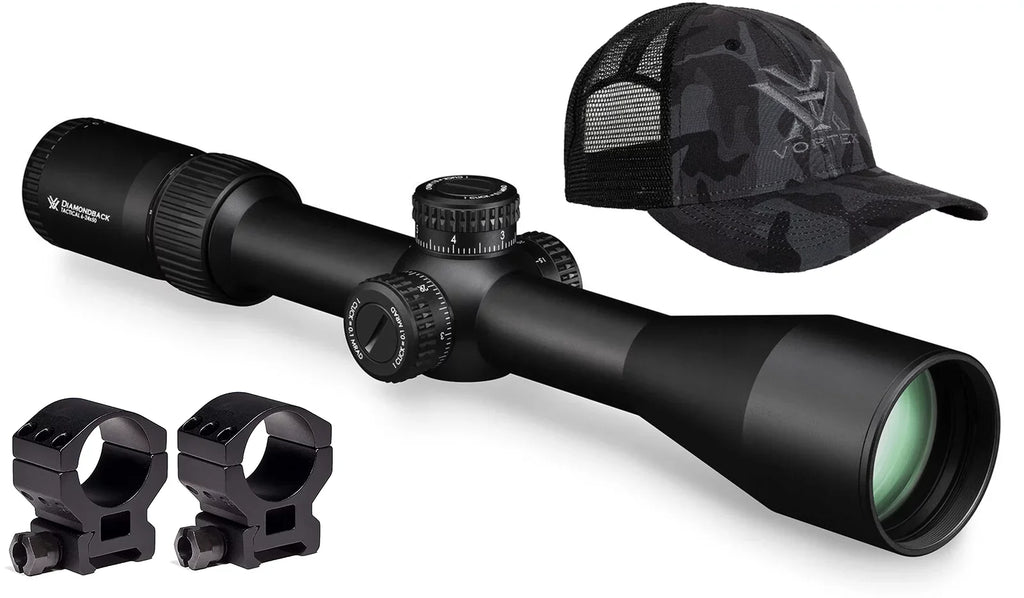 Vortex Optics Diamondback Tactical 6-24x50 FFP EBR-2C (MRAD) Riflescope with Vortex High Rings (1.18in, 30mm) and Free Hat Bundle