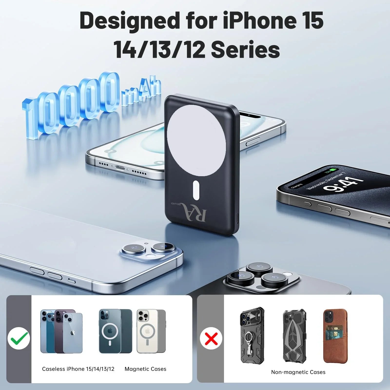 Rabrand Magsafe Fast Charging Portable Power Bank, Sizeolar Wireless Magnetic Phone Charger 5000 Mah