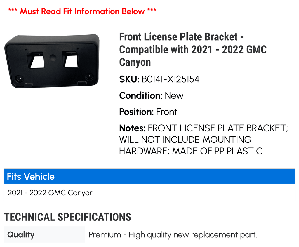 Front License Plate Bracket - Compatible with 2021 - 2022 GMC Canyon