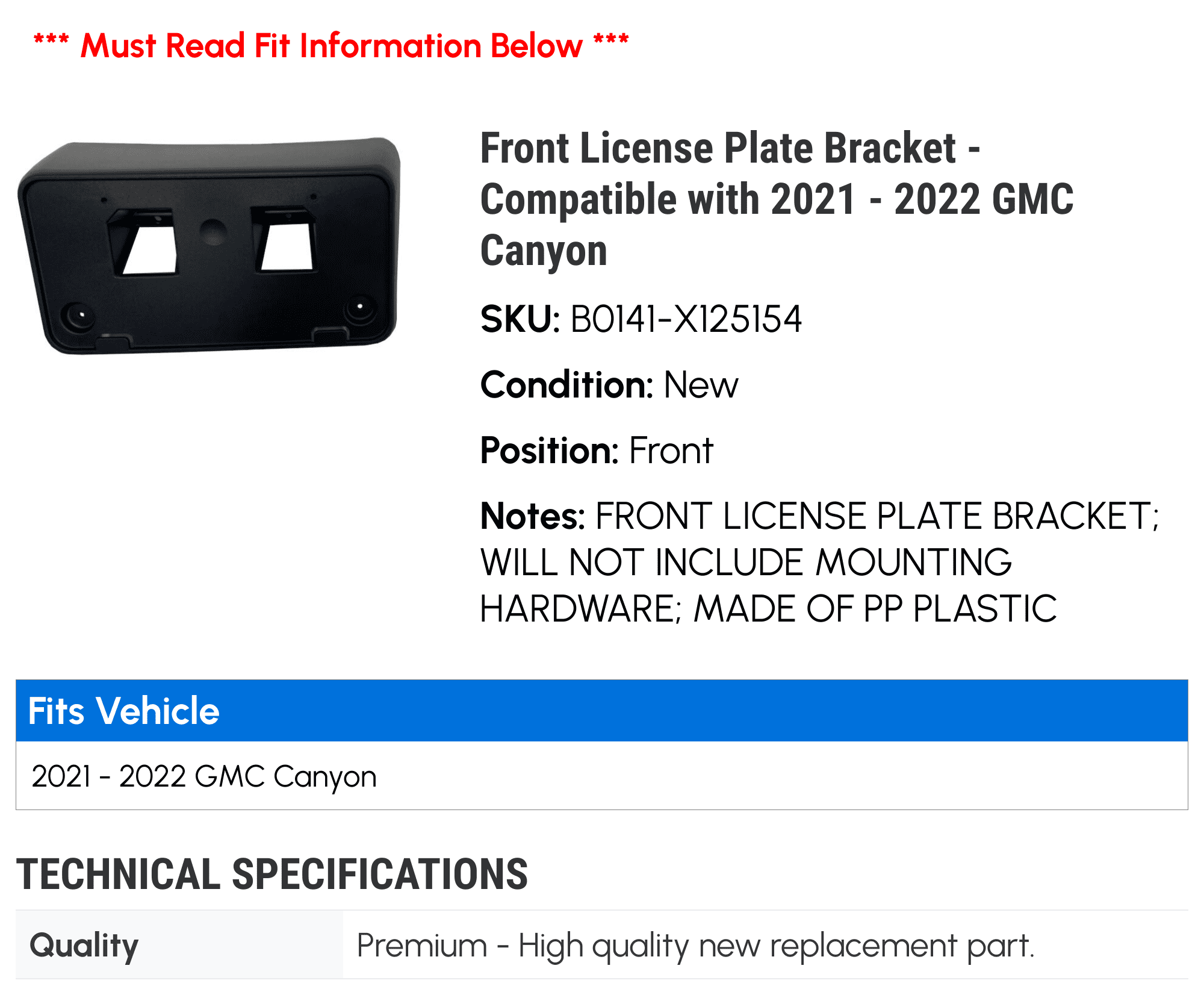 Front License Plate Bracket - Compatible with 2021 - 2022 GMC Canyon