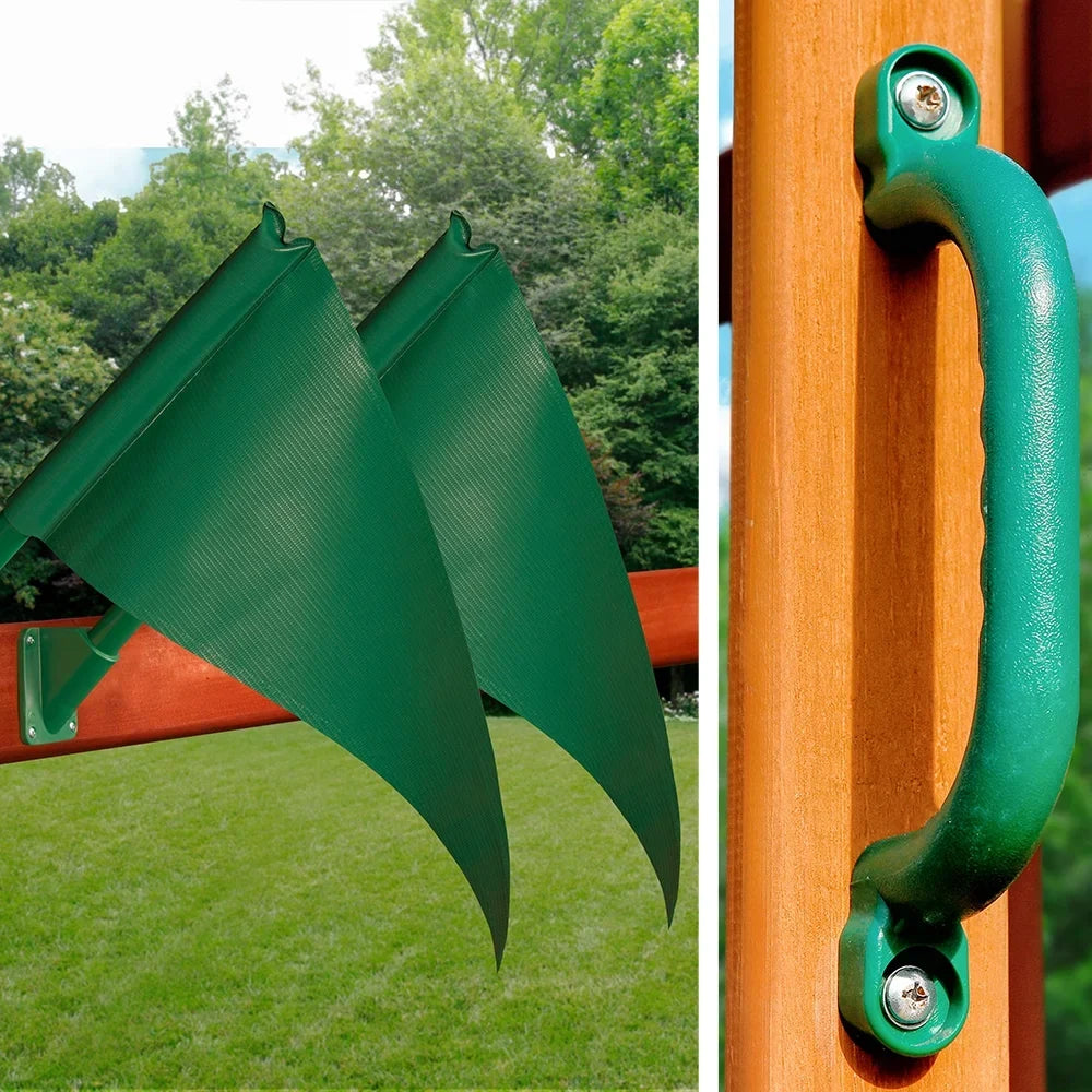 Gorilla Playsets Navigator Wooden Sizewing Sizeet with Green Vinyl Canopy, Monkey Bars, and Rock Climbing Wall