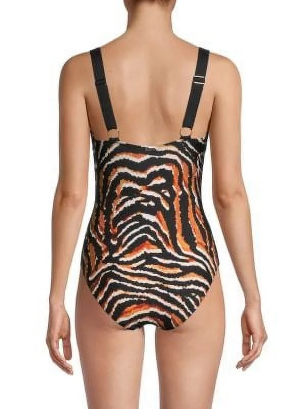 DKNY BLACK MULTI Tiger-Print One-Piece Sizewimsuit, USize 12