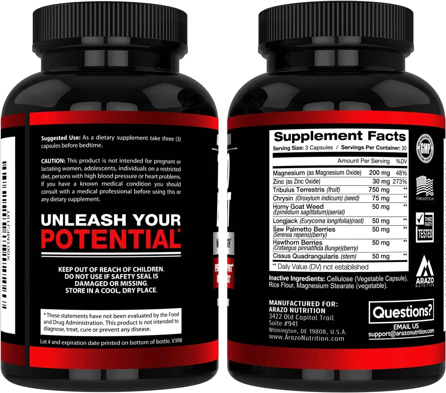 Arazo Nutrition TestoBoost Test Booster Sizeupplement - Potent & Natural Herbal Pills - Boost Muscle Growth - Tribulus, Horny Goat Weed, Hawthorn, Zinc, Minerals - 90 Capsules