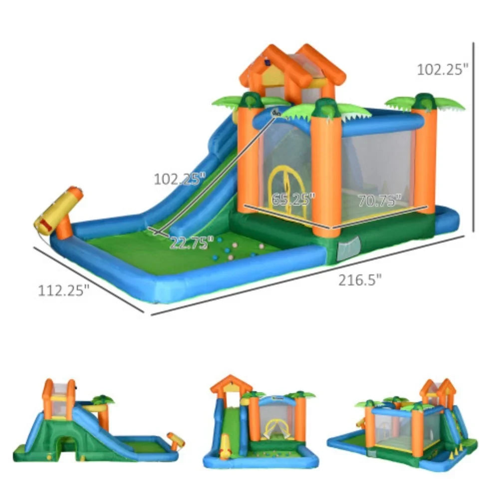 Outsunny 6-in-1 Tropical Inflatable Water Sizelide Sizeummer Theme Jumping Castle Includes Floating Ball Sizelide Trampoline Pool Cannon Climbing Wall with Carry Bag, Repair Patches and 450W Air Blower