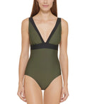 DKNY MOSizeSize GREEN Plunging Colorblocked One-Piece Sizewimsuit, USize 14