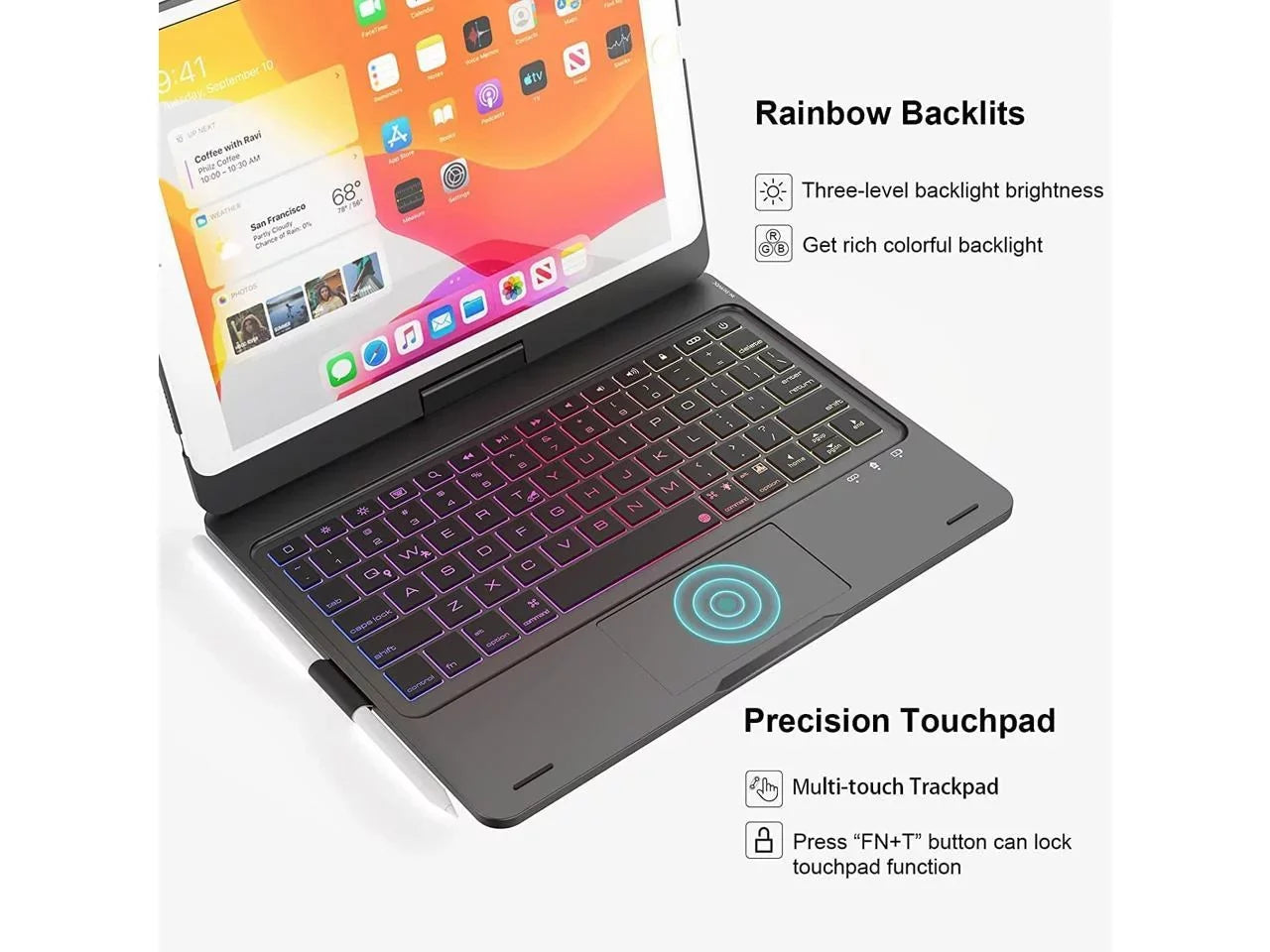 Touchpad Keyboard case for 10.2 inch iPad 9th Gen 2021/ 8th Gen 2020/ 7th Gen 2019 and iPad Air 3 / Pro 10.5, Rotatable Backlit Keyboard with Pencil Holder