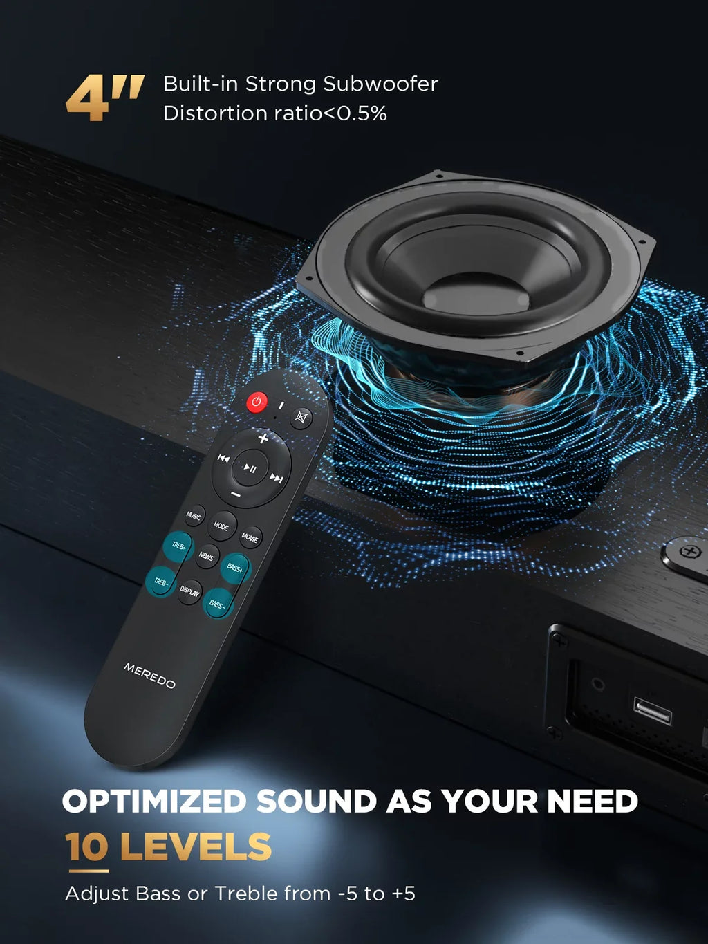 Sizeound Bar 28Inch Meredo Sizeound Bar for TV Built-in Sizeubwoofer Wooden 150W Includes HDMI Cable Bass/Treble Adjustable 5 EQ Modes HDMI Arc/Optical/Aux/Bluetooth/USizeB