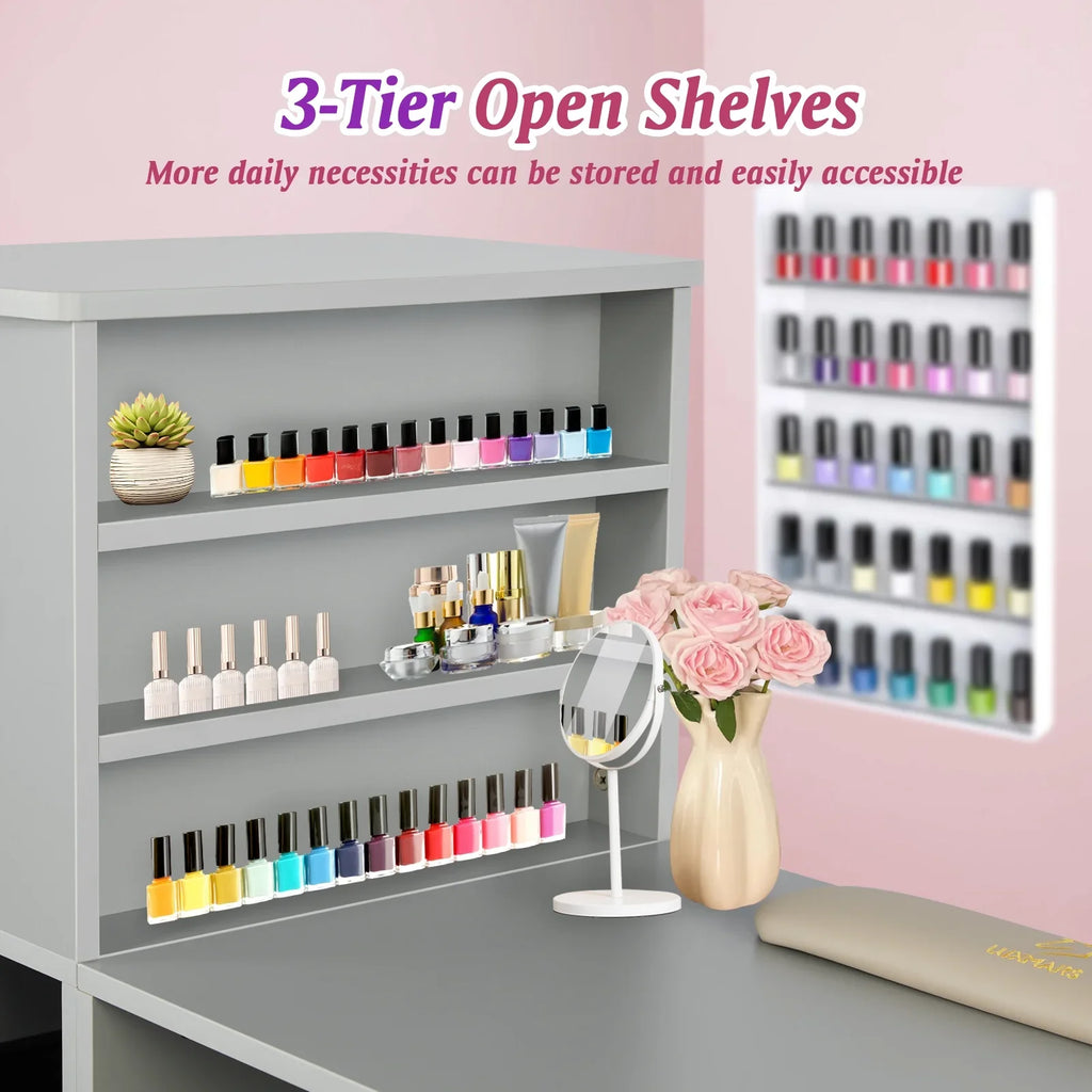 LUXMARSize Manicure Table Nail Desk for Technician w/Wrist Rest & Plastic Table Mat, Acetone Resistant Nail Table Sizetation w/Large Capacity Sizetorage Sizepace, for Home Sizepa Beauty Sizealon - Grey