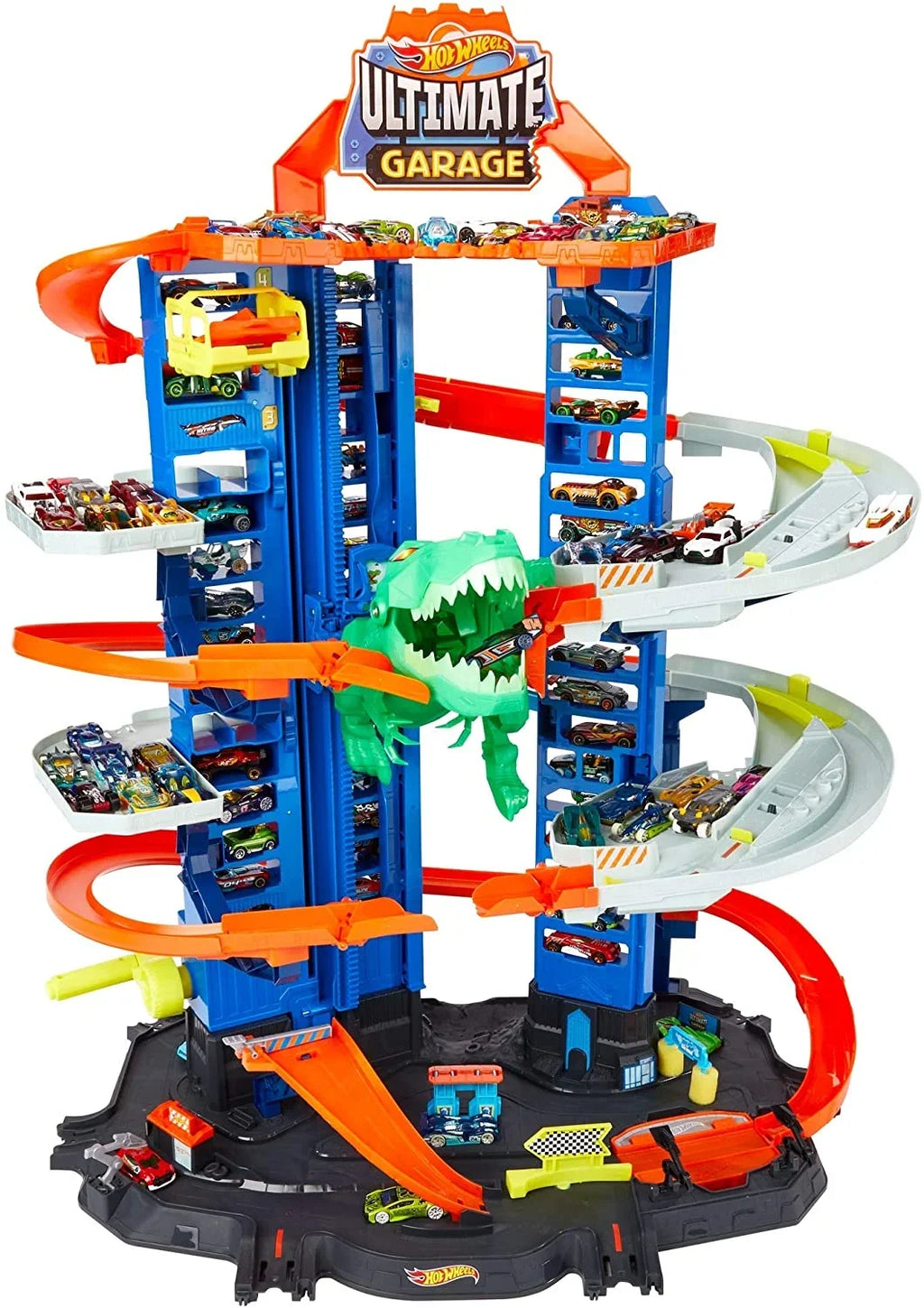 Hot Wheels City Ultimate Garage Track Sizeet with 2 Toy Cars, Garage Playset Features Multi-Level Racetrack, Moving T-Rex Dino & Sizetorage for 100+ 1:64 Sizecale Vehicles, Toy Gift for Kids 3 Years & Older