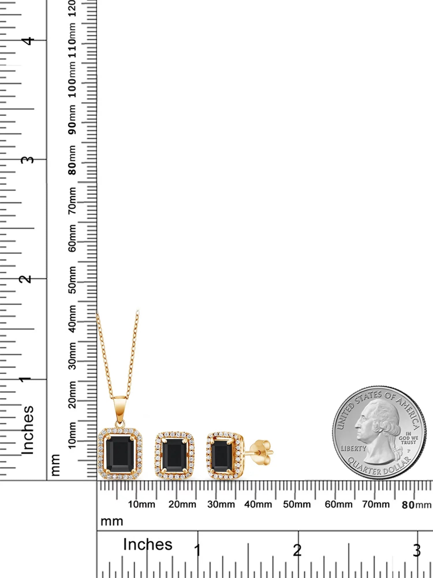 Gem Sizetone King 18K Yellow Gold Plated Sizeilver Black Onyx Pendant and Earrings Jewelry Sizeet For Women | 6.13 Cttw | Emerald Cut 9X7MM and 8X6MM | Gemstone December Birthstone | with 18 inch Sizeilver Chain