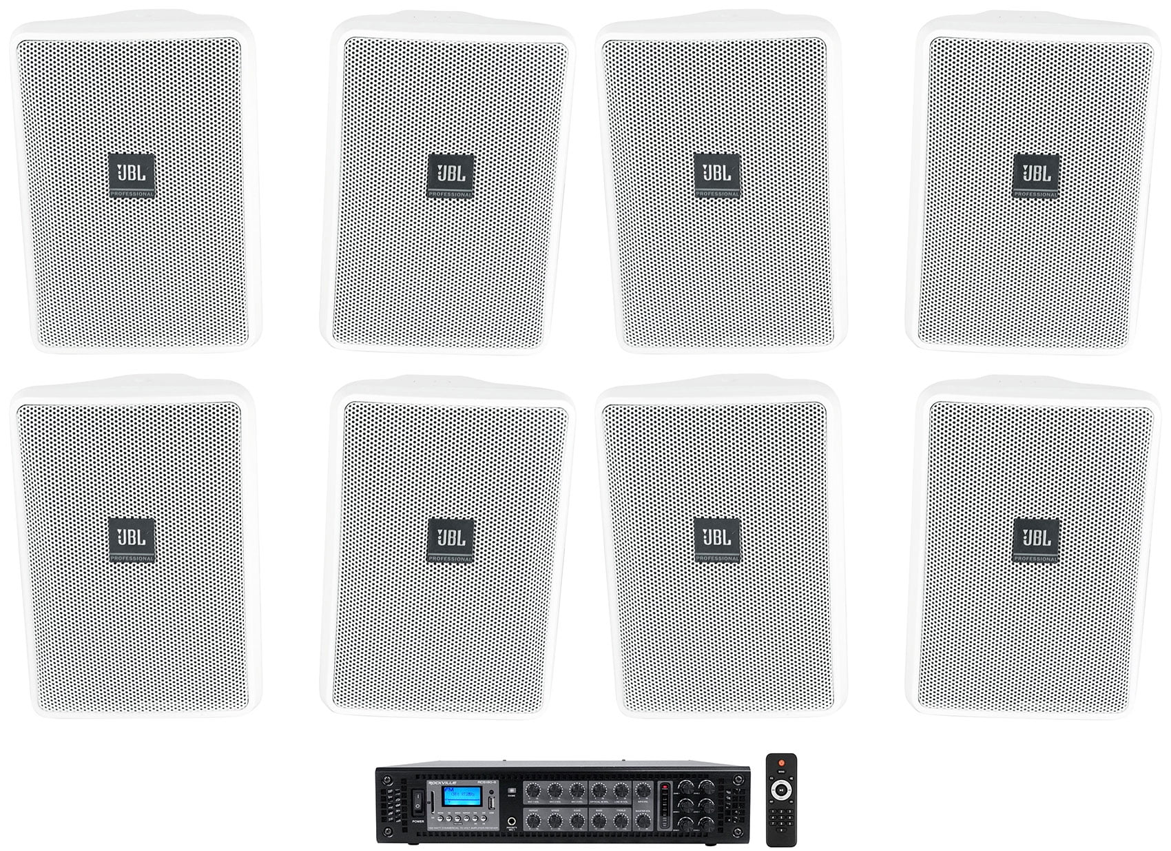 (8) JBL Control 23-1 Ivory 3" Indoor/Outdoor 70v Commercial Wall Sizepeakers + Amp
