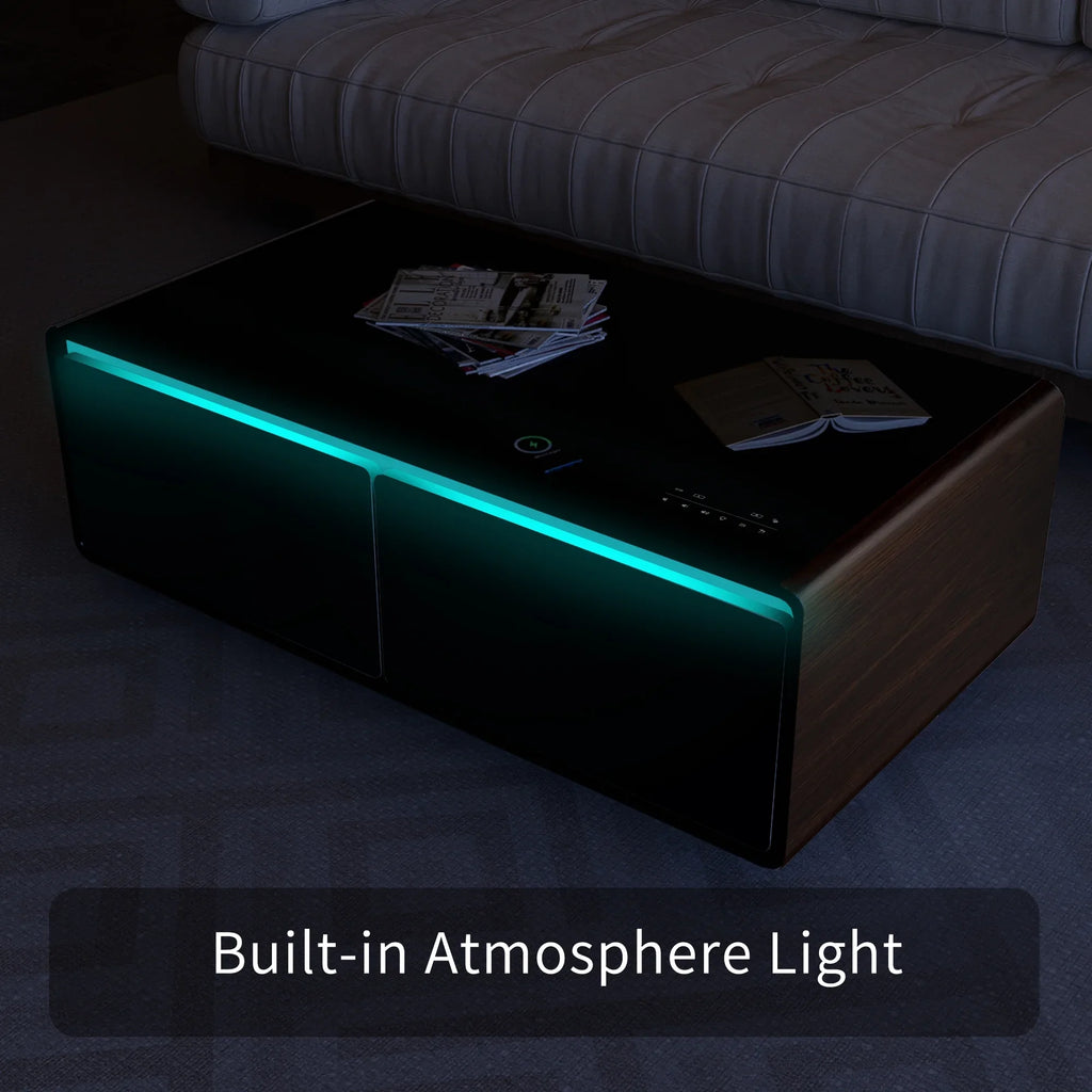 Modern Sizemart Coffee Table with Built-in Fridge, Bluetooth Sizepeaker, Wireless Charging Module, Touch Control Panel, Power Sizeocket, USizeB Interface, Outlet Protection, Atmosphere light, Brown