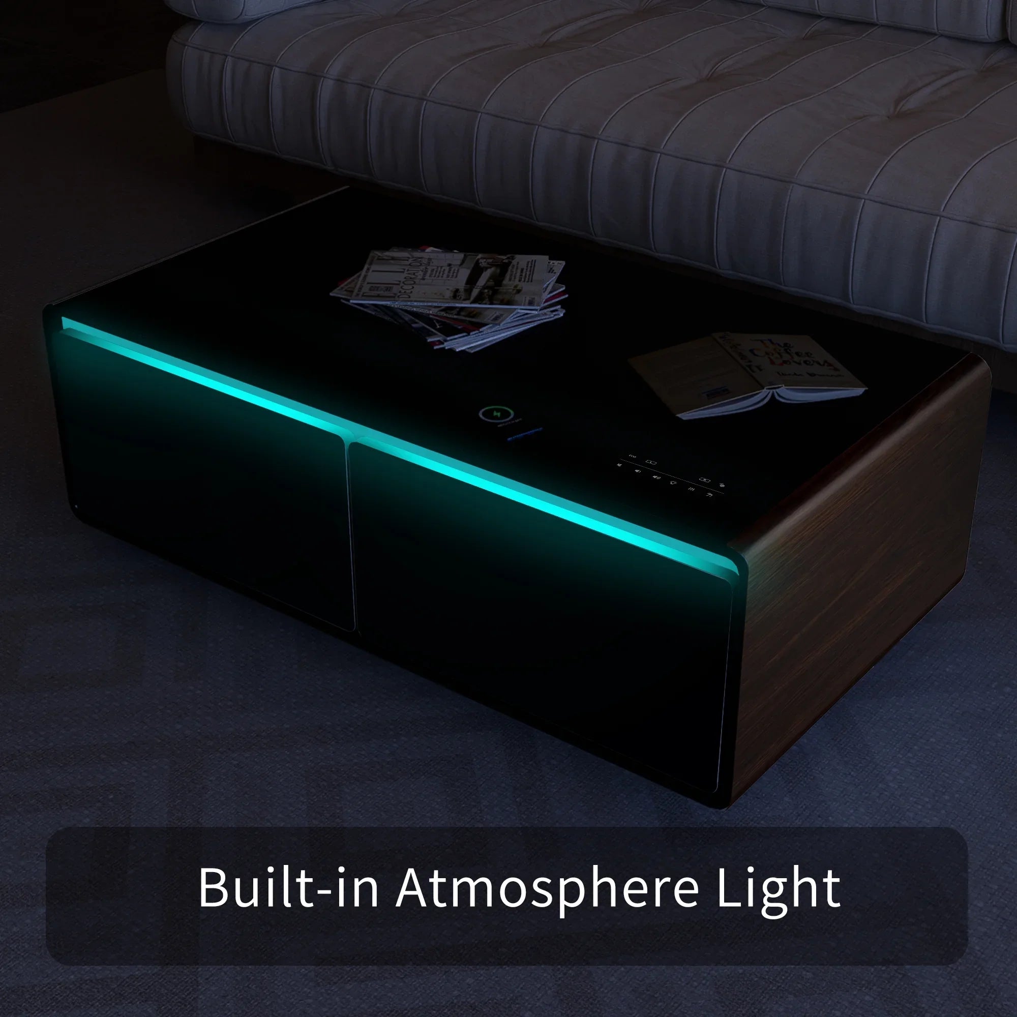Modern Sizemart Coffee Table with Built-in Fridge, Bluetooth Sizepeaker, Wireless Charging Module, Touch Control Panel, Power Sizeocket, USizeB Interface, Outlet Protection, Atmosphere light, Brown