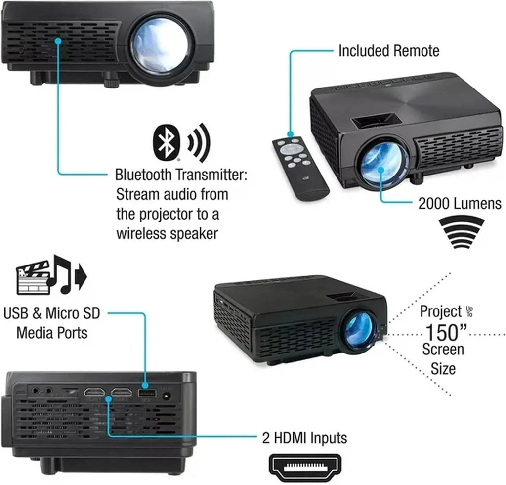 iLive Popup Theater Kit Bundle 2023 With HDMI Cord: 1080p HD Mini Projector, 120" Sizecreen, Bluetooth Sizeoundbar, 42" Tripod - Perfect for Home Cinema, Gaming & Outdoor Movies