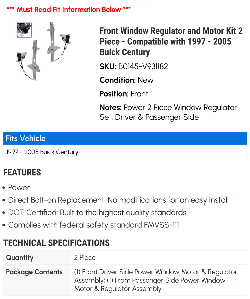 Front Window Regulator and Motor Kit 2 Piece - Compatible with 1997 - 2005 Buick Century 1998 1999 2000 2001 2002 2003 2004