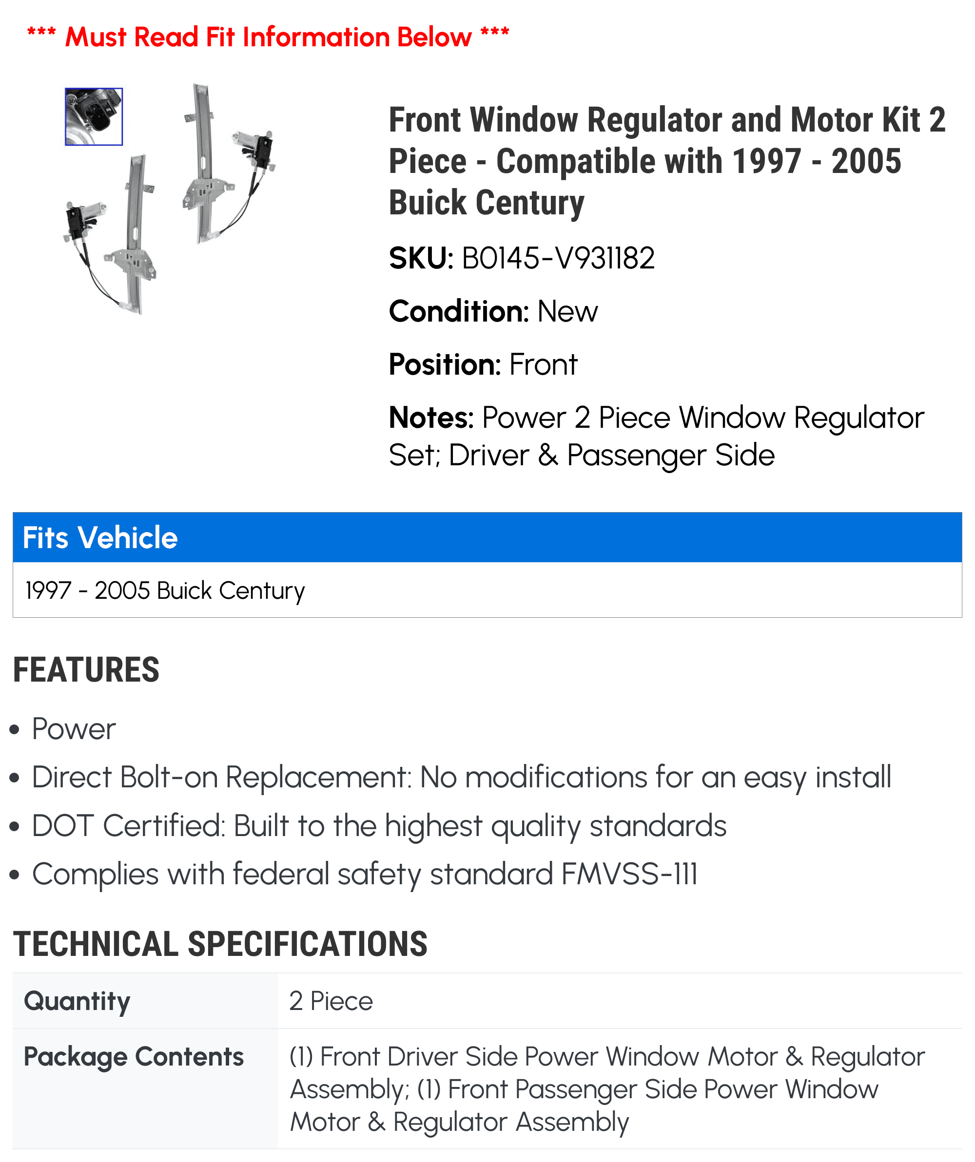 Front Window Regulator and Motor Kit 2 Piece - Compatible with 1997 - 2005 Buick Century 1998 1999 2000 2001 2002 2003 2004