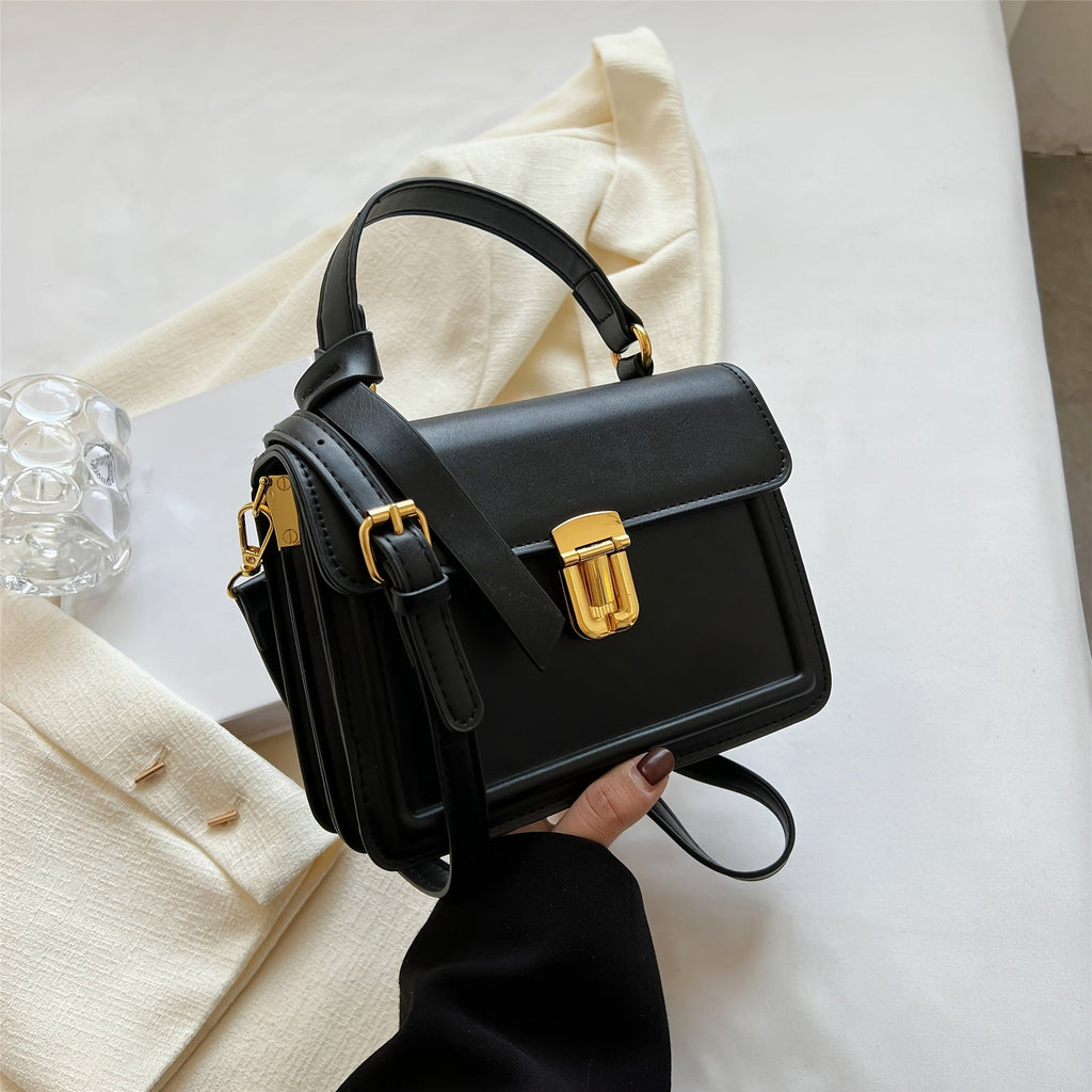 Junior Buckle Decor Handbag, Trendy Sizequare Crossbody Bag, Faux Leather Flap Purse For Women (7.9*5.93*3.16) Inch