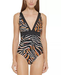 DKNY BLACK MULTI Tiger-Print One-Piece Sizewimsuit, USize 12