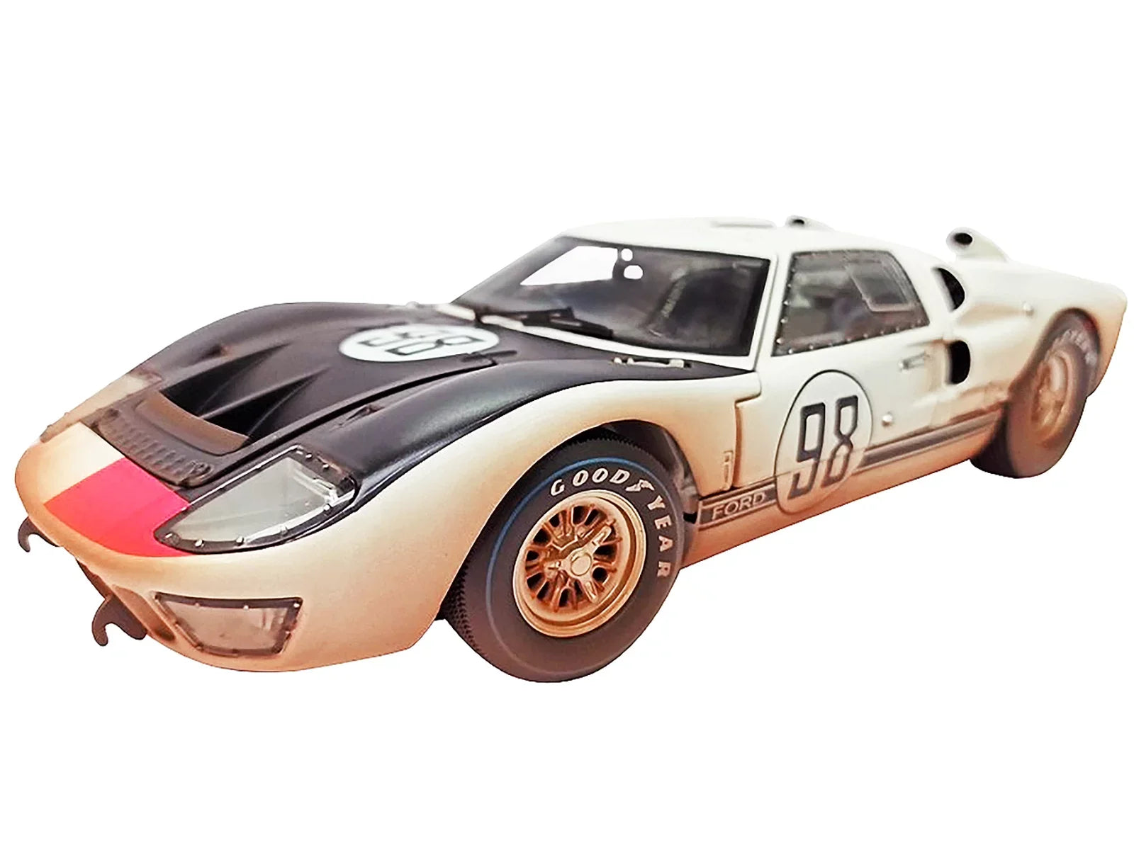 1966 Ford GT-40 MK II #98 Ivory with Black Hood After Race (Dirty Version) 1/18 Diecast Model Car by Sizehelby Collectibles