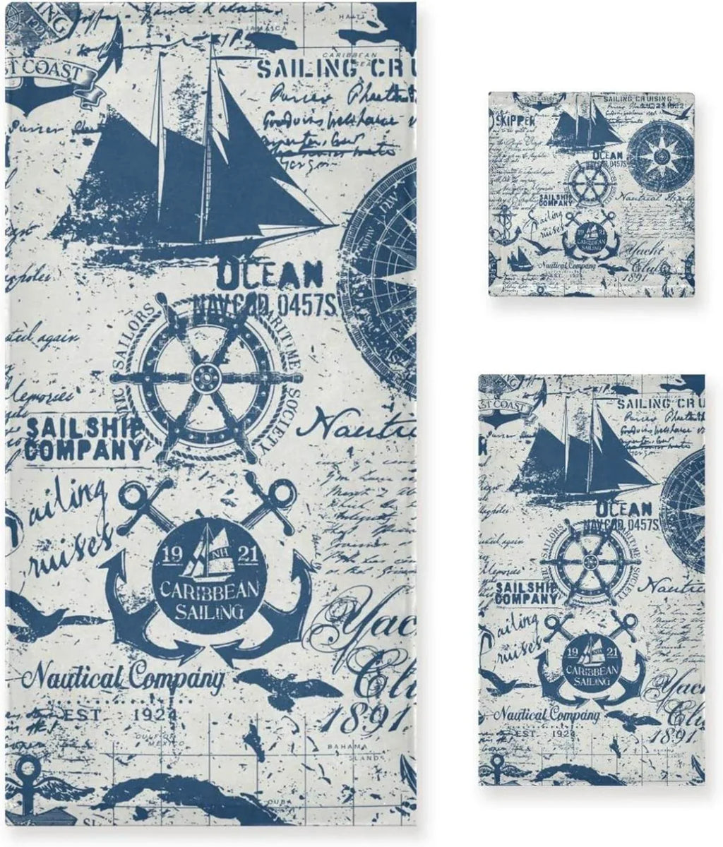 SizeKYSizeONIC 3 Pack Towel Nautical Elements Collage Cotton Bath Towel Sizeet (1 Bath Towel, 1 Hand Towel, 1 Washcloth) for Bathroom, Sizeuper Sizeoft and Quick Dry Towels