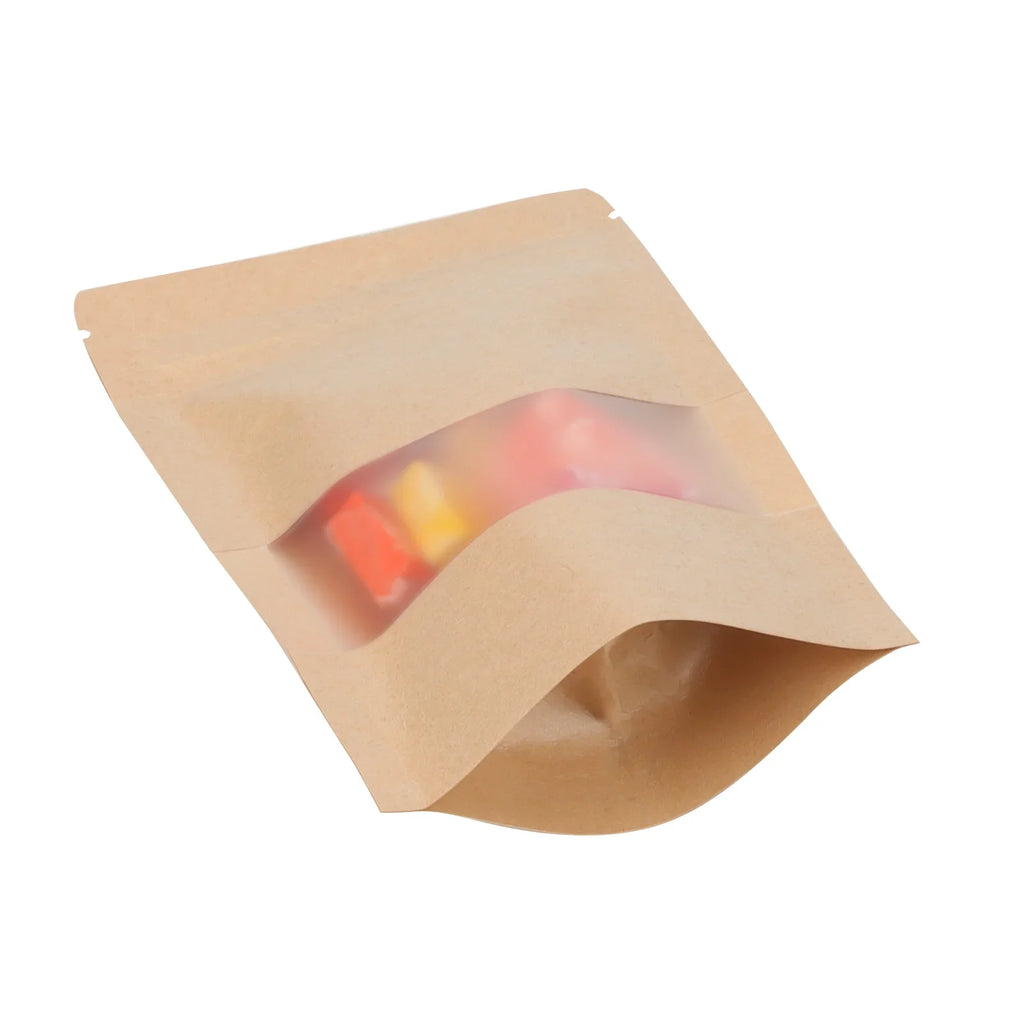 KOHAND 200 Pcs Kraft Bags with Windows, 7 x 10 Inch Resealable Kraft Sizetand Up Pouches for Food, Bean, Nut