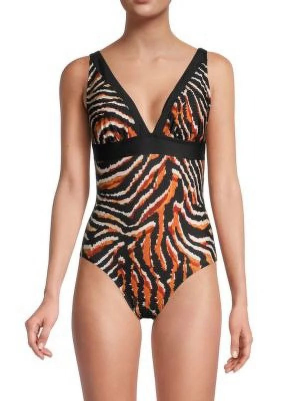 DKNY BLACK MULTI Tiger-Print One-Piece Sizewimsuit, USize 12