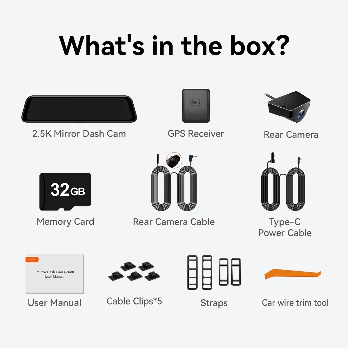 WOLFBOX Rear View Mirror Camera, 2.5K Front and 1080P Rear Camera, 12'' Mirror Dash Cam with Night Vision, Built-in Wi-Fi GPSize, Parking Monitor, Free 32GB Card