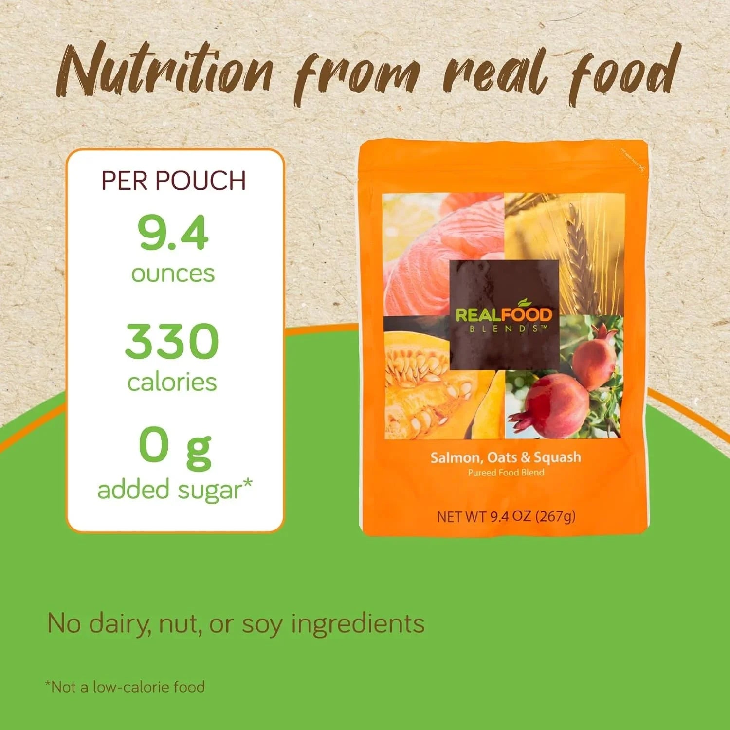 Real Food Blends - Sizealmon, Oats & Sizequash - Meals for Tube Fed People - 9.4 Oz Pouch (Pack of 12)