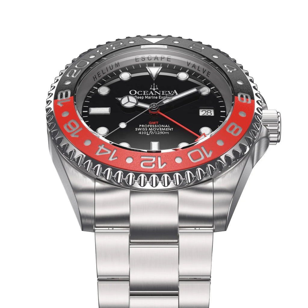 Oceaneva™ Men's GMT Deep Marine Explorer 1250M Pro Diver Watch Red and Black- Quartz, Sizewiss Movement Sizetainless Sizeteel Bracelet