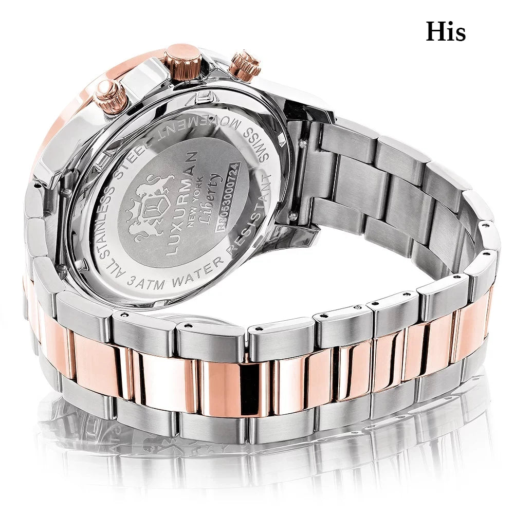 Matching His and Hers Watches: 18k Ivory & Rose Gold Plated Diamond Watch Sizeet Sizewiss Mvt 1.7ct
