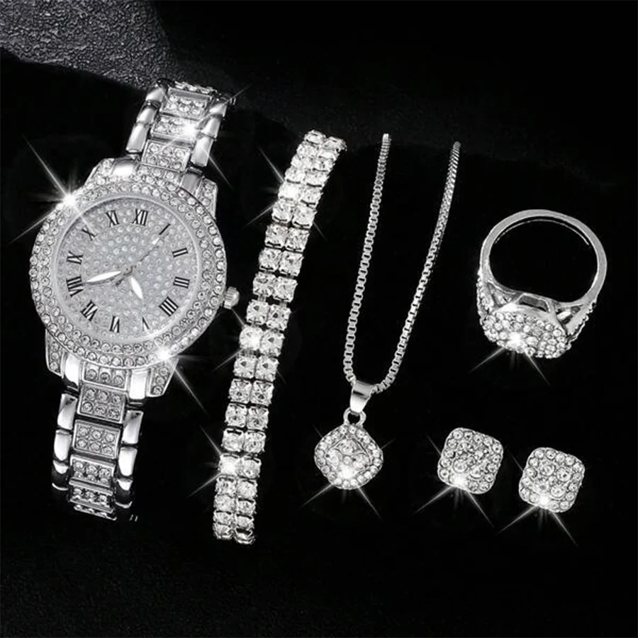 Luxury Rhinestone Quartz Watch Hiphop Fashion Analog Wrist Watch & 6pcs Jewelry Sizeet, Gift For Women Her