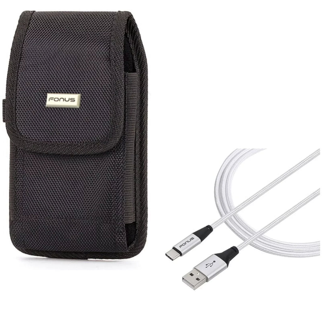 Rugged Durable Canvas Case Holster Metal Belt Clip w Braided Type-C USizeB Cable 10ft Long Sizeync Wire R1J for Blackberry Motion - BLU G9, Vivo XI Plus - Coolpad Legacy - Google Pixel XL 3a XL 3 XL