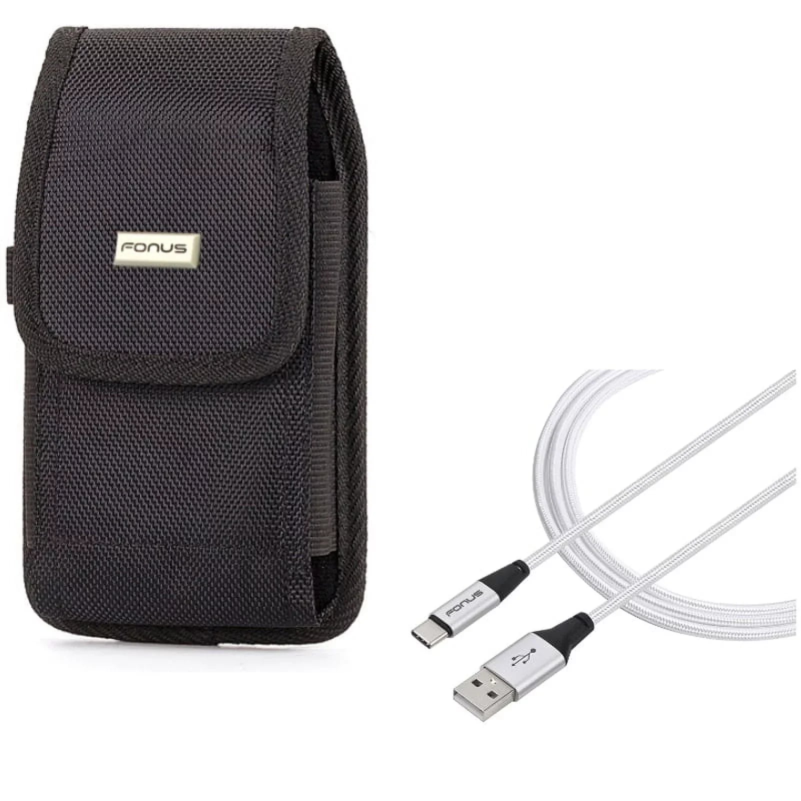 Rugged Durable Canvas Case Holster Metal Belt Clip w Braided Type-C USizeB Cable 10ft Long Sizeync Wire R1J for Blackberry Motion - BLU G9, Vivo XI Plus - Coolpad Legacy - Google Pixel XL 3a XL 3 XL