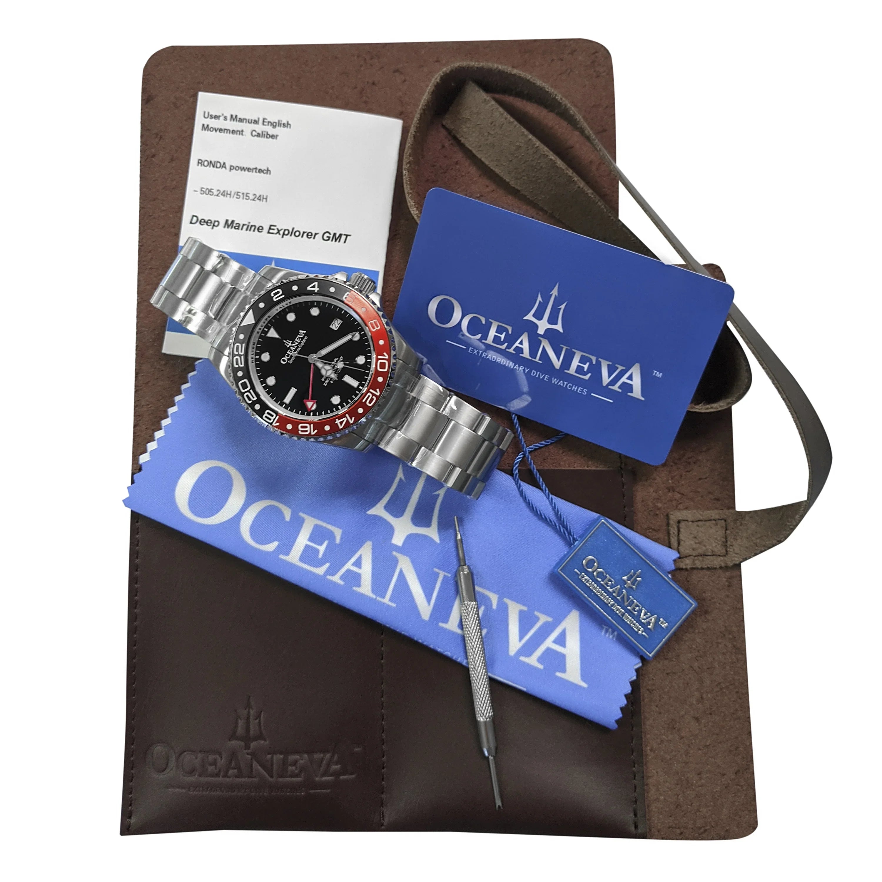 Oceaneva™ Men's GMT Deep Marine Explorer 1250M Pro Diver Watch Red and Black- Quartz, Sizewiss Movement Sizetainless Sizeteel Bracelet