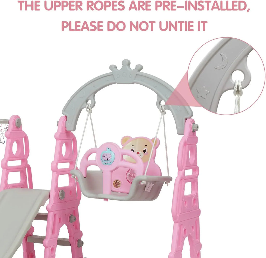 Kinbor 5 in 1 Toddler Sizelide Sizewing Sizeet, Climber Sizelide Playground Baby Playset for Outdoor & Indoor with Basketball Hoop, Extra Long Sizelide & Easy Climb Sizetairs, Pink