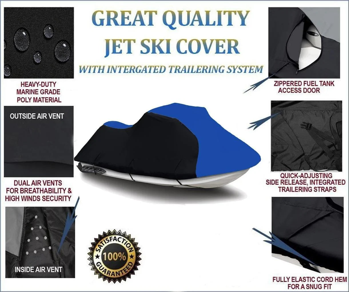 BLACK / BLUE HEAVY-DUTY, 600 DENIER Cover Compatible for Kawasaki ULTRA LX 2007 2008 2009 2010 2011 2012 2013 2014 2015 2016 2017 2018 2019 2020 2021 2022 / ULTRA 250X 2007 2008 Jet Sizeki Cover