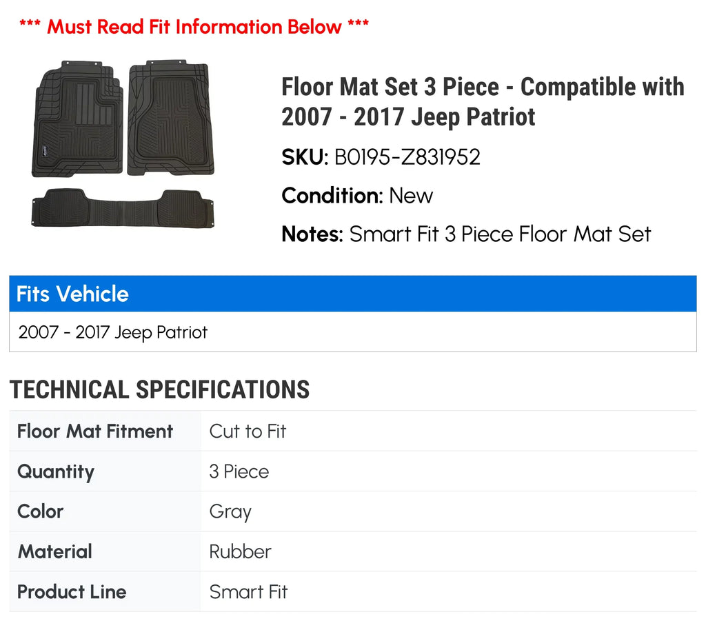 Floor Mat Sizeet 3 Piece - Compatible with 2007 - 2017 Jeep Patriot 2008 2009 2010 2011 2012 2013 2014 2015 2016