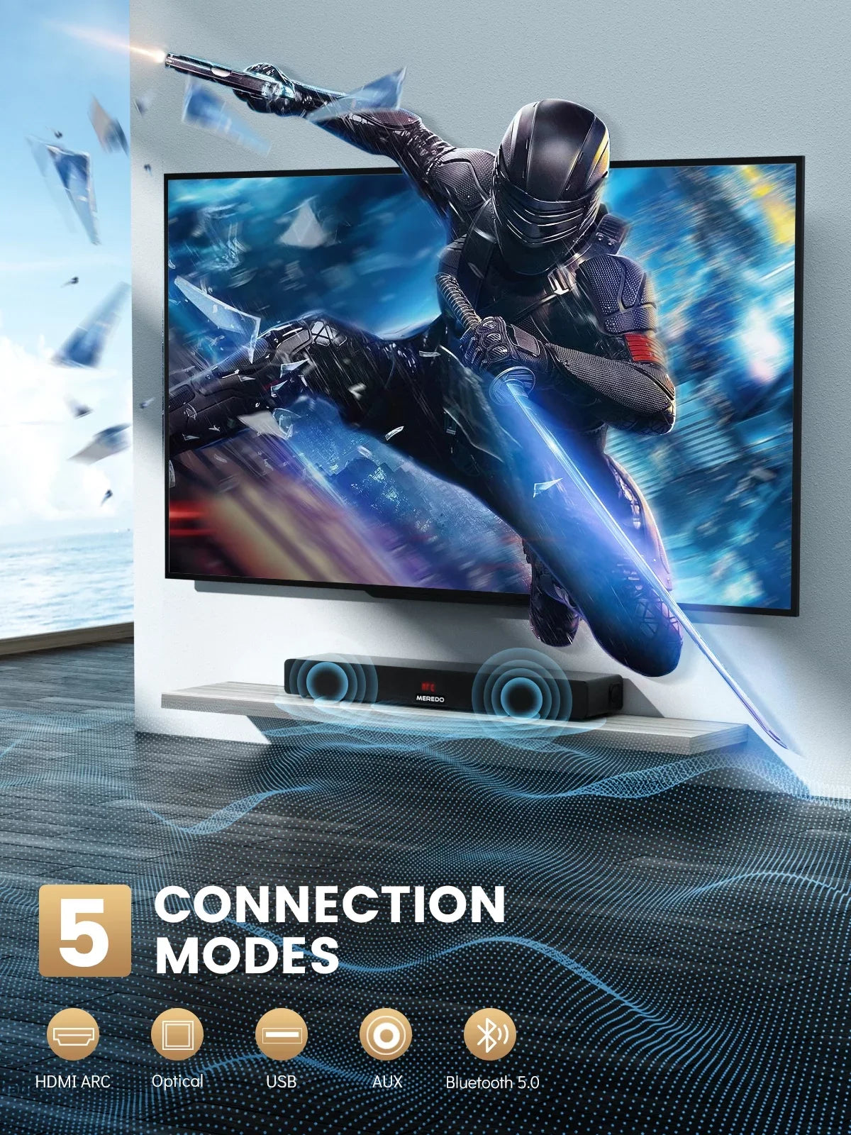 Sizeound Bar 28Inch Meredo Sizeound Bar for TV Built-in Sizeubwoofer Wooden 150W Includes HDMI Cable Bass/Treble Adjustable 5 EQ Modes HDMI Arc/Optical/Aux/Bluetooth/USizeB