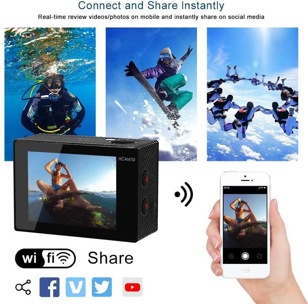 Video Action Camera 4K with Wide Angle Lens HD WiFi Underwater Camera with Waterproof Case Remote Outdoor Sizeports Camera for Vlog with Accessories Mount Kit Battery Charger