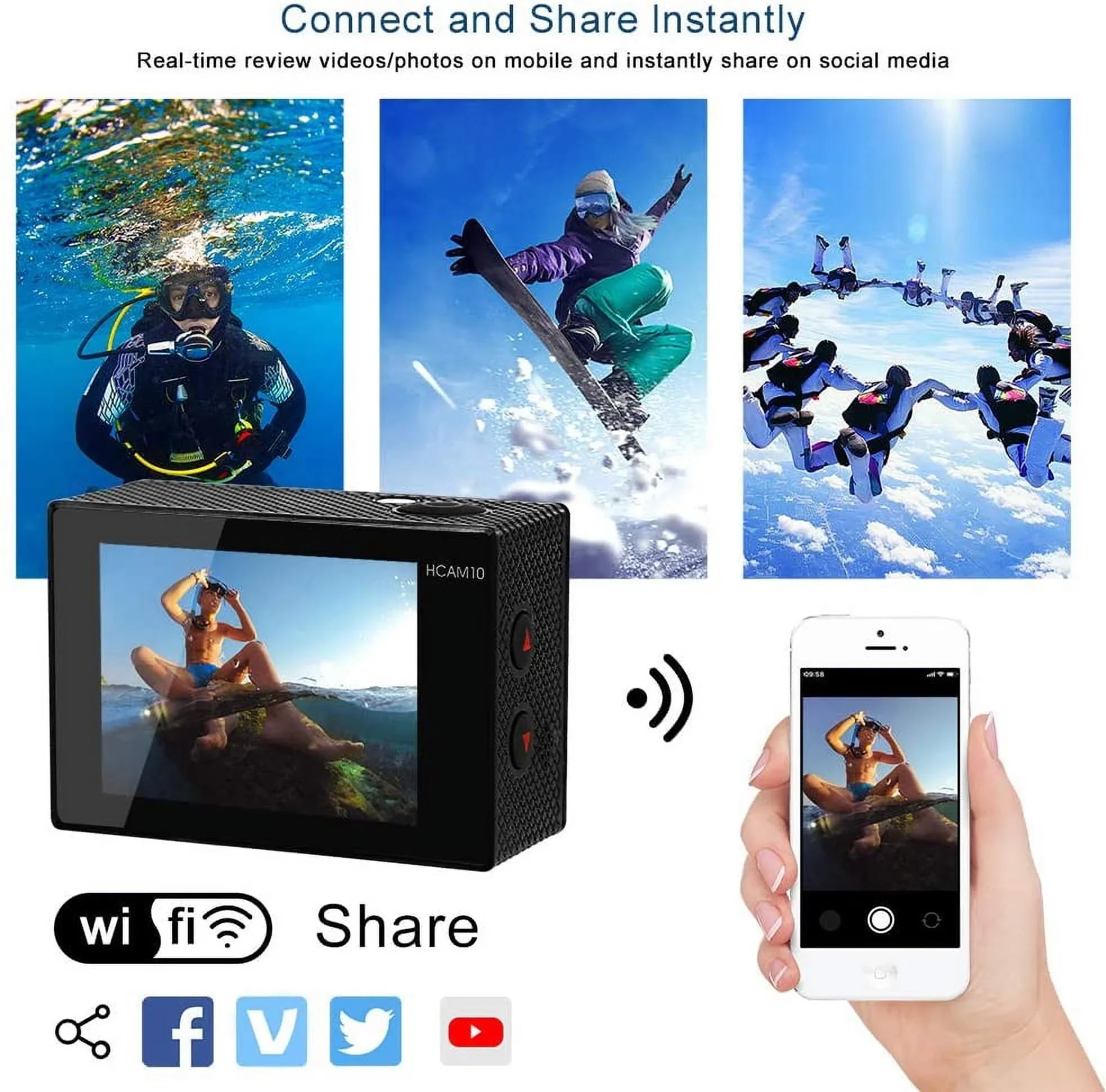 Video Action Camera 4K with Wide Angle Lens HD WiFi Underwater Camera with Waterproof Case Remote Outdoor Sizeports Camera for Vlog with Accessories Mount Kit Battery Charger