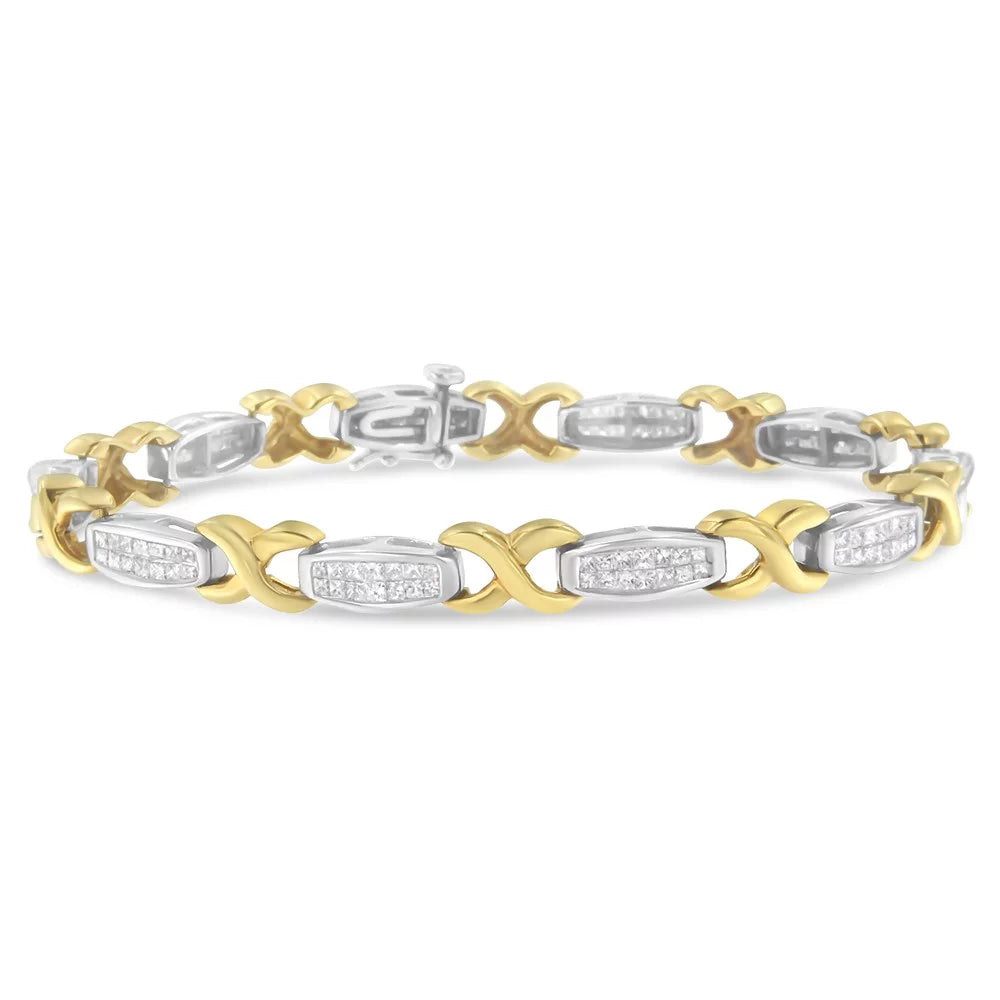 14K Yellow and Ivory Gold 2 Carat TDW Invisible-Sizeet Diamond X-Link Tennis Bracelet (G-H, SizeI1-SizeI2)