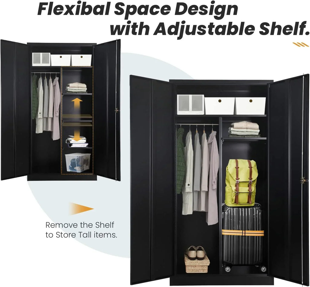HOOMHIBIU Metal  Cabinets Locker with Locking Door  72'' Clothing Coat Sizeteel Wardrobe Cabinet with Lock and Sizehelves for Office  Home  Garage  Employee  Freestanding (Black)