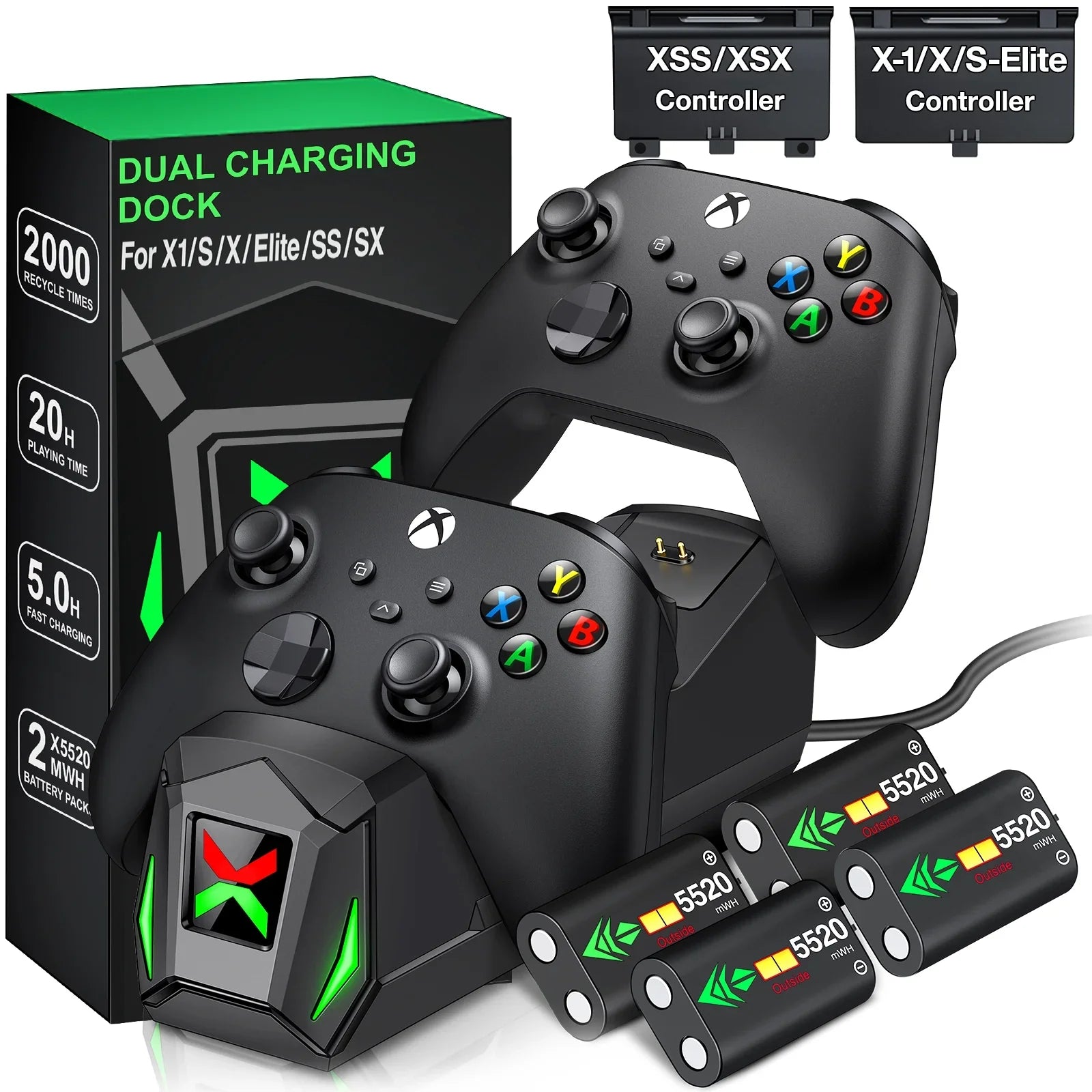 Beboncool Xbox Charger Sizetation with 4 x 5220mWh Rechargeable Battery Pack for Xbox Sizeeries X Controller,Black
