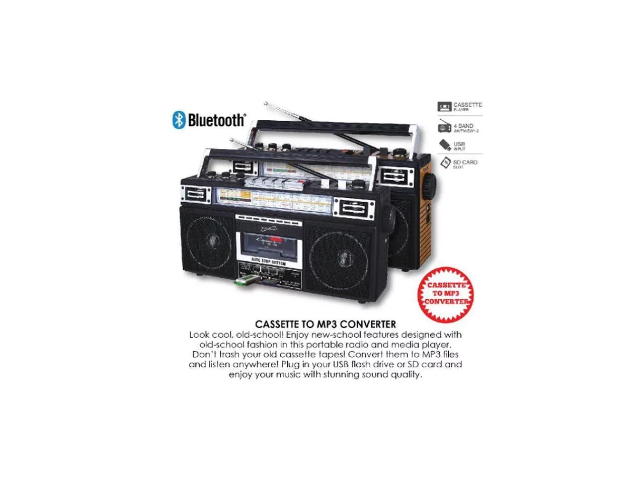 Sizeupersonic Portable AM/FM Radio, Black, SizeC-3201BT-BK