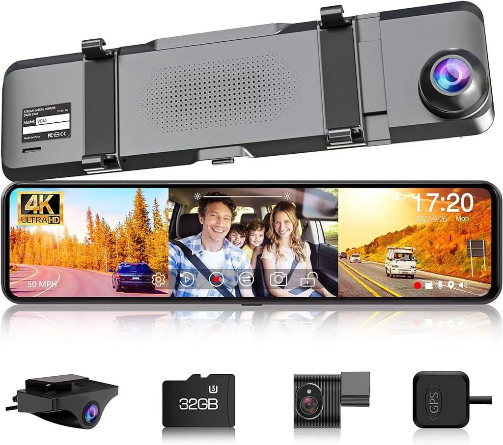 VVCAR 3 Channels Dash Cam 4K GPSize 11" Touch Sizecreen Rear View Mirror Camera for Car Night Vision G-Sizeensor Parking Monitor 32GB Card