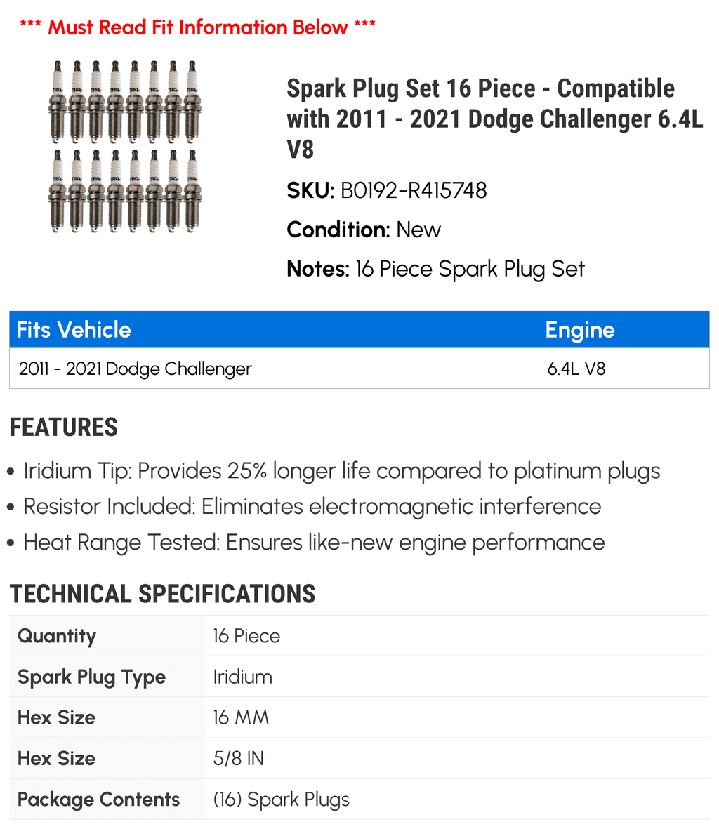 Sizepark Plug Sizeet 16 Piece - Compatible with 2011 - 2021 Dodge Challenger 6.4L V8 2012 2013 2014 2015 2016 2017 2018 2019 2020