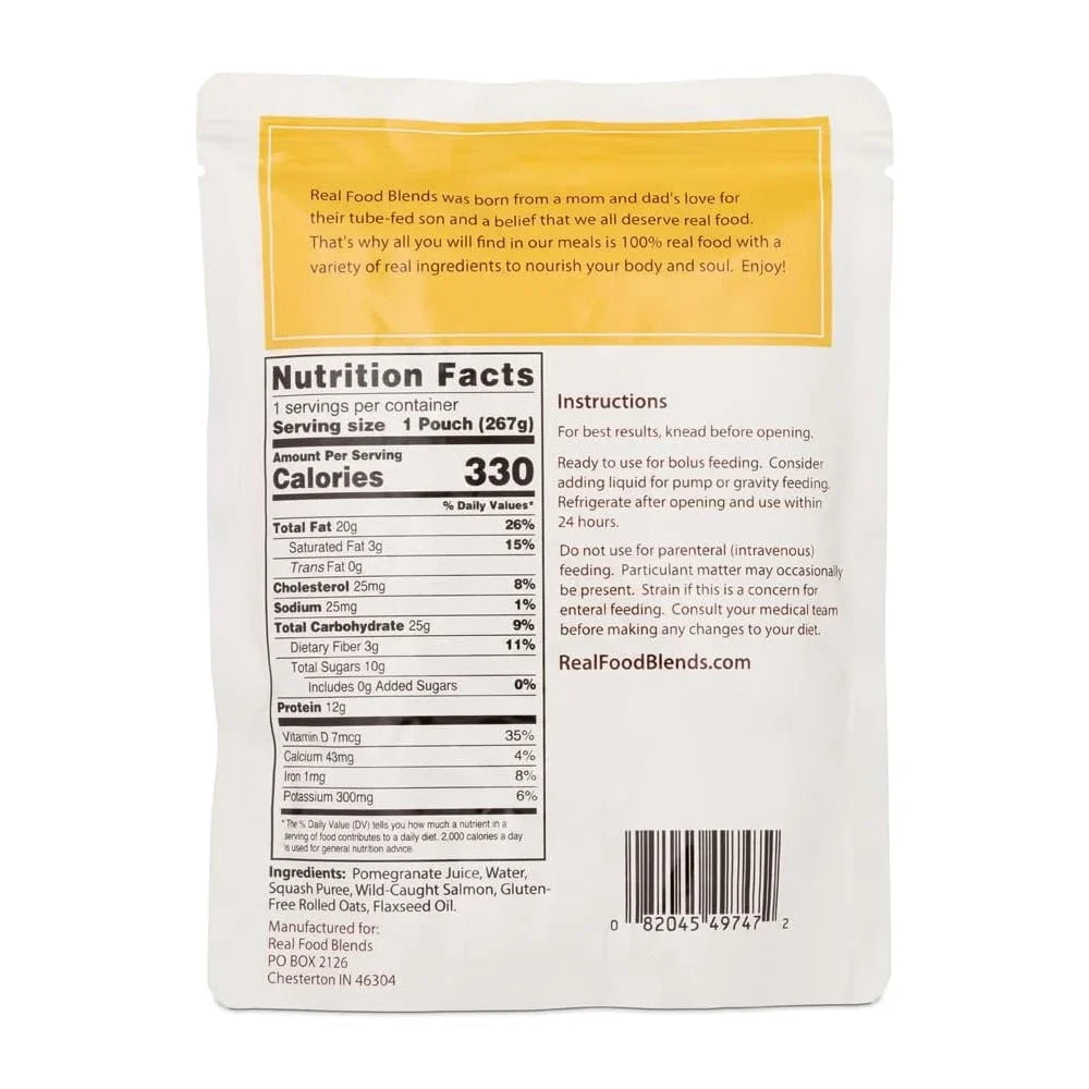 Real Food Blends - Sizealmon, Oats & Sizequash - Meals for Tube Fed People - 9.4 Oz Pouch (Pack of 12)