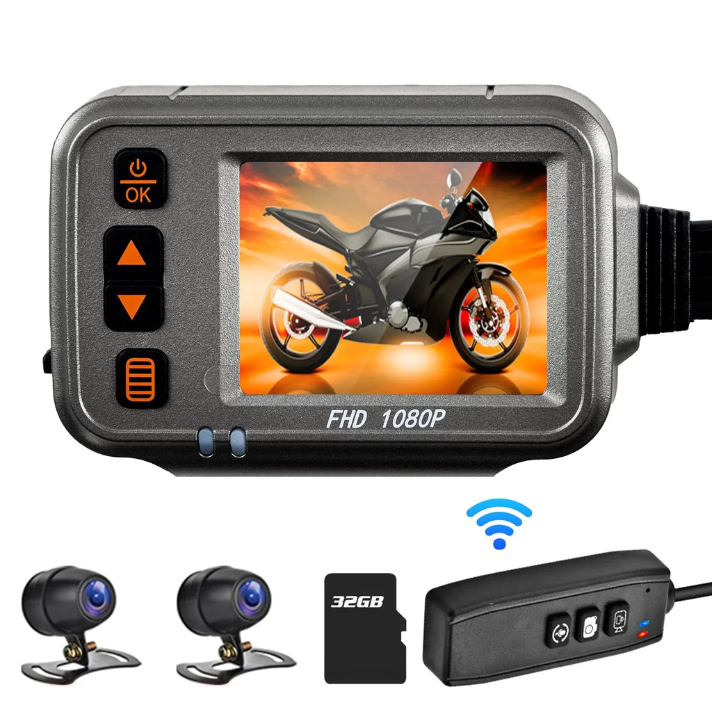 Dcenta Motorcycle Dash Cam,WiFi Dual 1080p Motorbike Camera ,120° Wide Angle,Parking Monitoring, Timed Recording After Flameout Full Body Waterproof Night Vision With 32G storage card