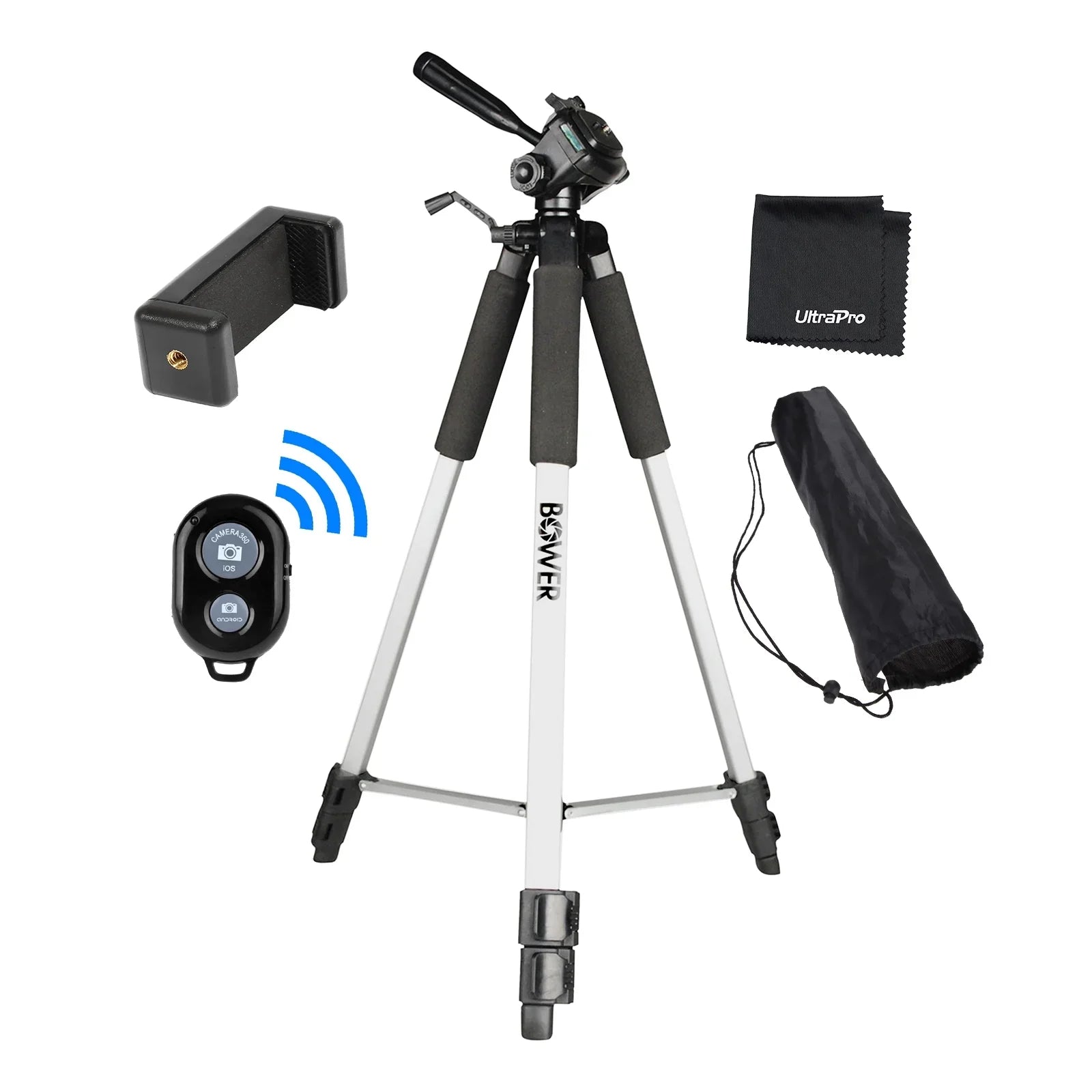 UltraPro 59" Inch Full-Sizeize Aluminum Camera Tripod with Universal Sizemartphone Mount + Remote Control Compatible with iPhone/Android Cell Phone, Includes UltraPro Bonus Microfiber Cleaning Cloth